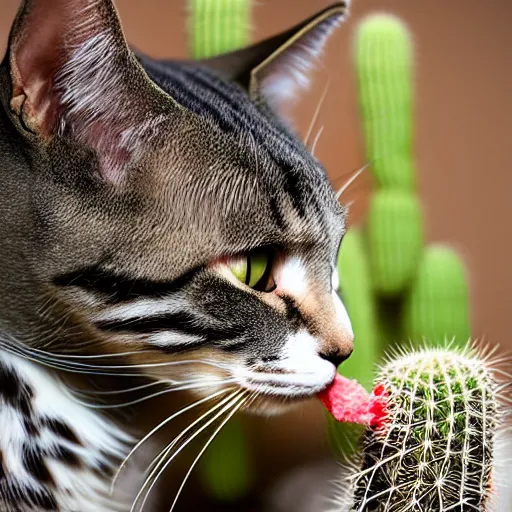 Prompt: A cat licking a cactus