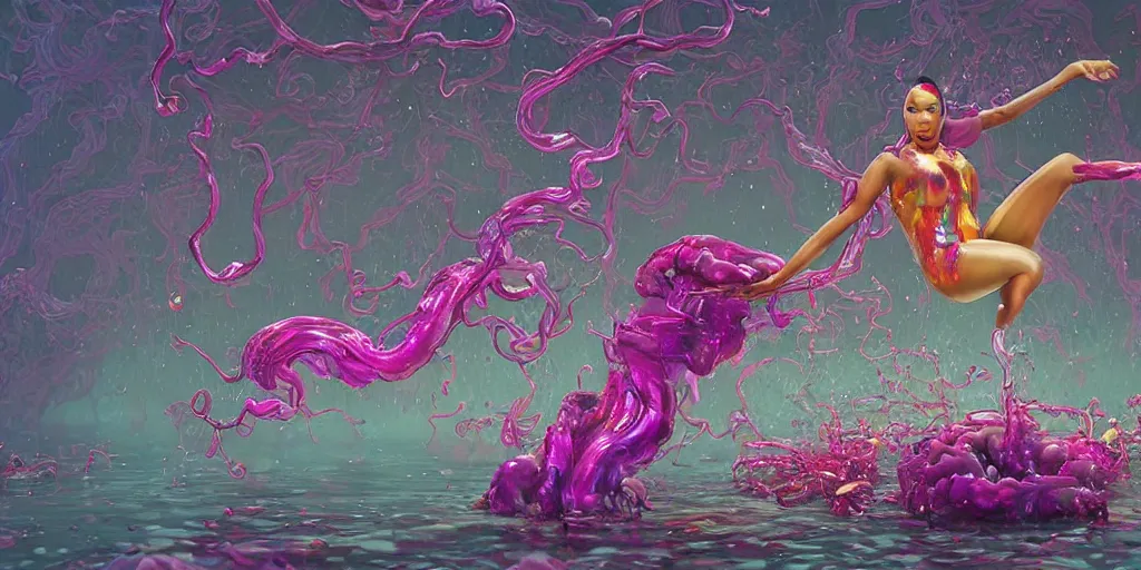 Image similar to nicki minaj | epic image of a glossy wet levitating floating fungus spirit with arms outstretched, made from colorful wet fungus tendrils. illustration by james jean, by ivan bilibin. uhd, amazing depth, glowing, golden ratio, 3 d octane cycle unreal engine 5, volumetric lighting, cinematic lighting, cgstation artstation concept art