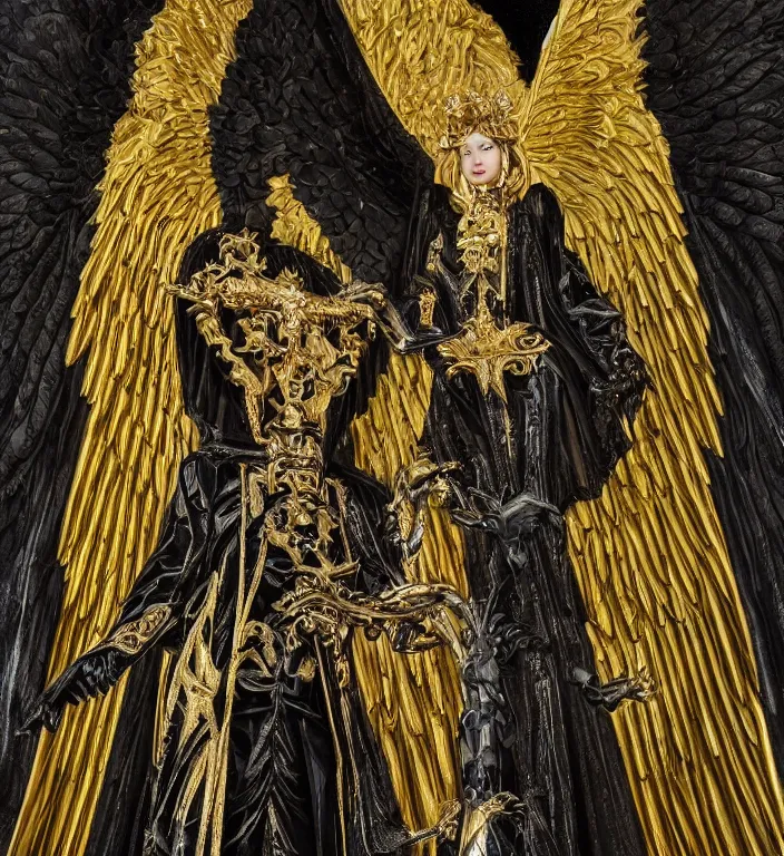 Prompt: full length picture of the angel of death wearing black robes with gold wings in an elaborate cathedral, high octane, 8k, ultra detailed, photorealistic