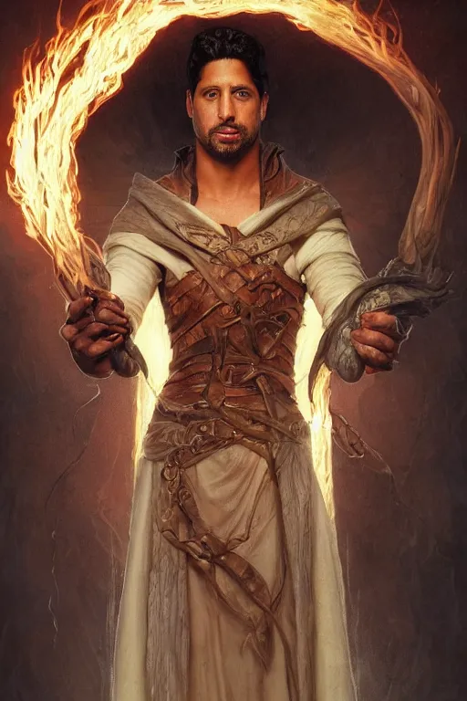 Prompt: Adam Rodriguez, druid, cleric, flame spell, burning hands, bicpes, muscular, D&D, fantasy, intricate, cinematic lighting, highly detailed, beautiful, digital painting, artstation, masterpiece, concept art, smooth, sharp focus, illustration, art by Artgerm and Greg Rutkowski and Alphonse Mucha and william-Adolphe Bouguereau