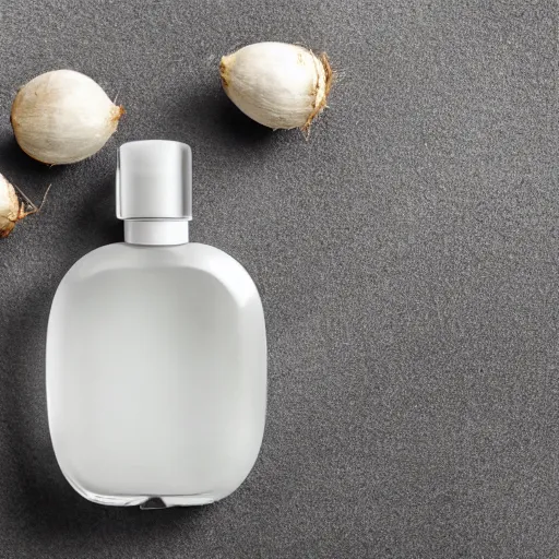 Image similar to centered white perfume bottle next to halved - coconuts, with white crisp zen soft - sandy - beach background, illumination lighting, sharp focus, vogue, hartper's bazaar