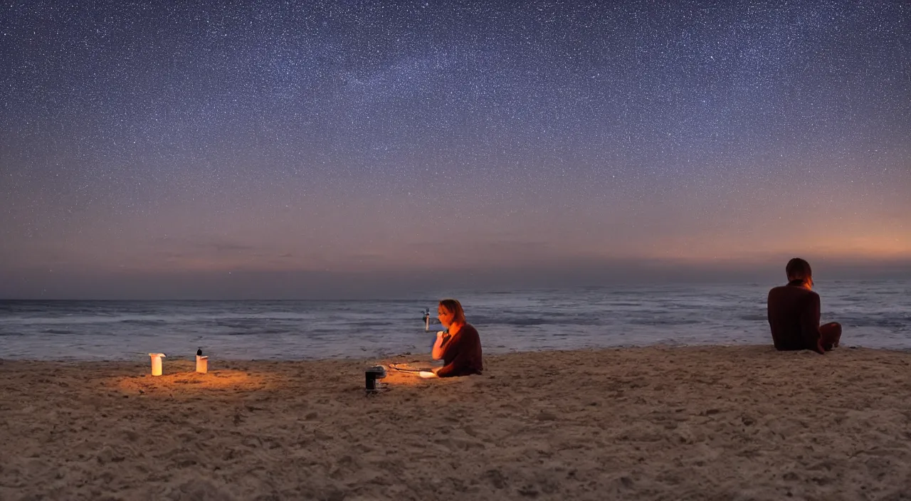 Image similar to someone drinking a cup of tea in the night while watching the stars in the middle of the beach, indigo ambient light