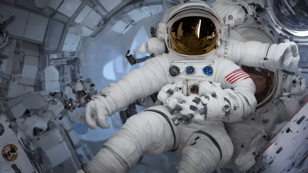 Image similar to an astronaut, third - person view, white balance, hyperdimensional, 8 k, rim lighting, led, lumen global illumination, opaque, glowing, rubber, ray tracing reflections