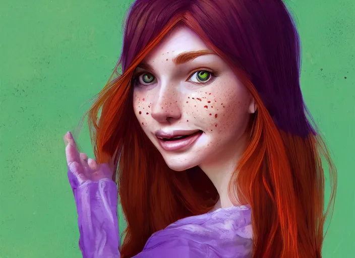Prompt: portrait of a beautiful smiling girl with orange hair and freckles, green eyes, highly detailed, digital painting, concept art, smooth, sharp, focus, background is purple, artstation, style by Janice Sung