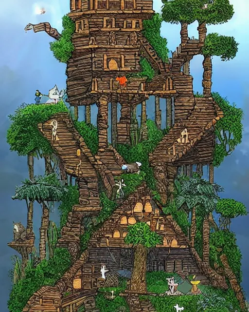 Image similar to photo of a beautiful heavenly castle built with sticks and stones in the deep jungle, with a timberman and 100 cats, misty godrays