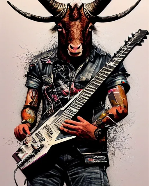 Prompt: a portrait of an anthropomorphic cyberpunk horned goat shredding an electric guitar by sandra chevrier, by jon foster, detailed render, epic composition, cybernetics, 4 k realistic, cryengine, realistic shaded lighting, sharp focus, masterpiece, by enki bilal