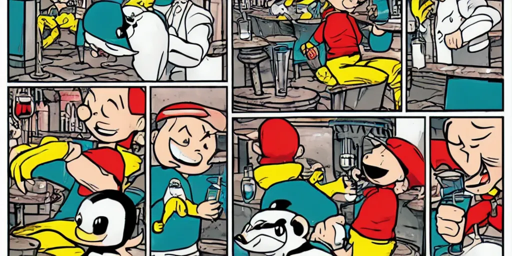 Image similar to Ness from Earthbound Aquaman and a Penguin having drinks at a bar, comic book style