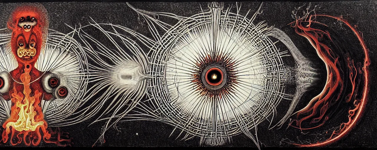 Image similar to a strange fire creature with endearing eyes radiates a unique canto'as above so below'while being ignited by the spirit of haeckel and robert fludd, breakthrough is iminent, glory be to the magic within, in honor of saturn, painted by ronny khalil