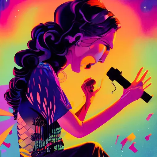 Prompt: a colorful comic noir illustration of a woman singing about a broken heart, beautiful, hyperrealistic, tristan eaton, victo ngai, artgerm, rhads, ross draws, 8 k, high contrast, dark vibes, pastel lighting, depth of field