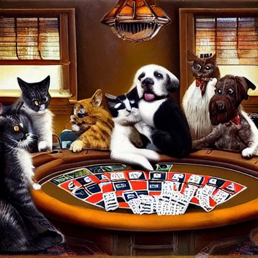 Prompt: 4 cats and dogs at a poker table playing poker, large bet, big pot, cigars, beer, whiskey, realistic, - 5