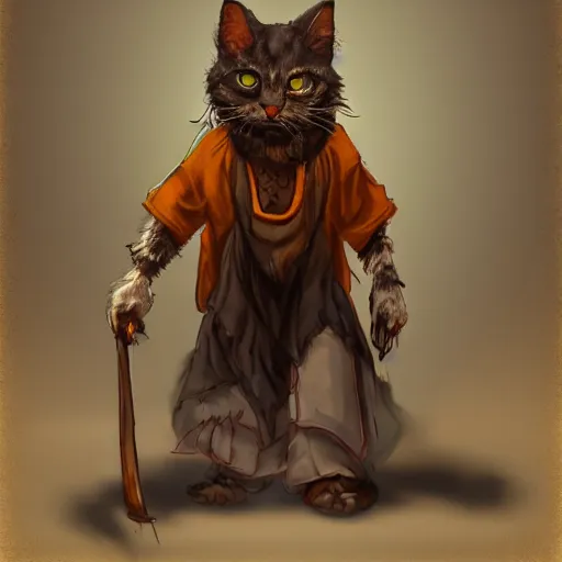 Image similar to dirty homeless humanoid cat wearing rags, concept art, d & d, fantasy, trending on artstation