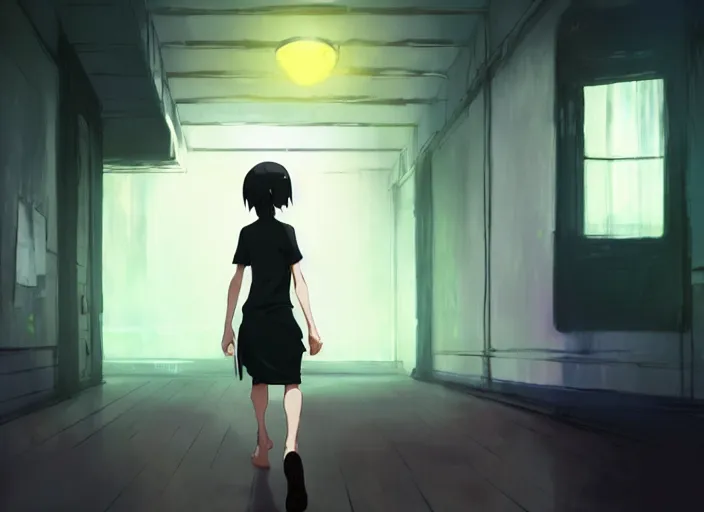 Image similar to a tall matte black creature running after a man the backrooms, yellow wallpaper, florecent lights on the ceiling, wet carpet, liminal space, by makoto shinkai an krenz cushart