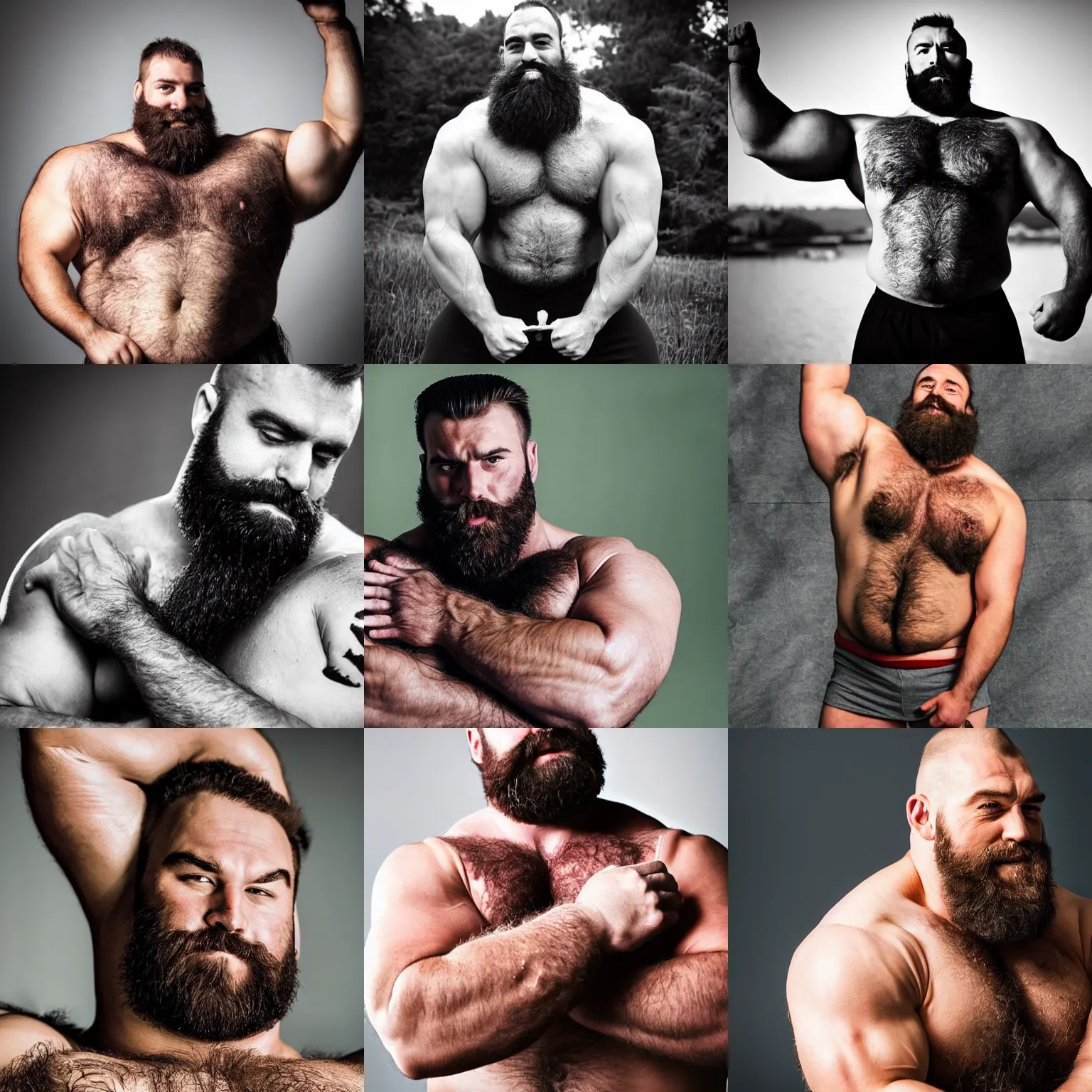 Prompt: jolly muscle bear hairy burly strongman with a thick beard and his arm crossed look at you happily, rubbing his muscle. photography