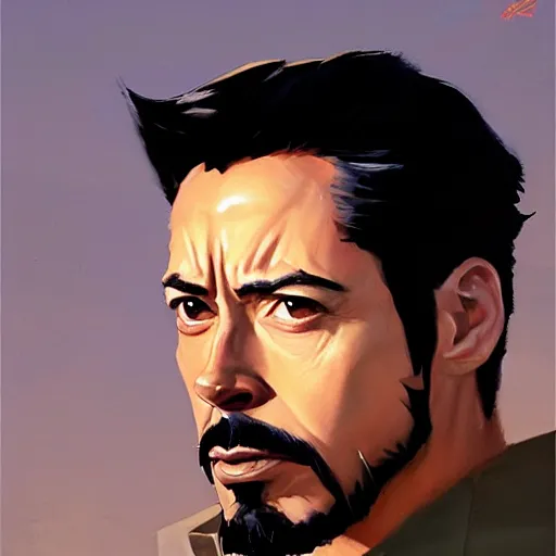 Image similar to greg manchess portrait painting of tony stark as overwatch character, totally whack, medium shot, asymmetrical, profile picture, organic painting, sunny day, matte painting, bold shapes, hard edges, street art, trending on artstation, by huang guangjian and gil elvgren and sachin teng