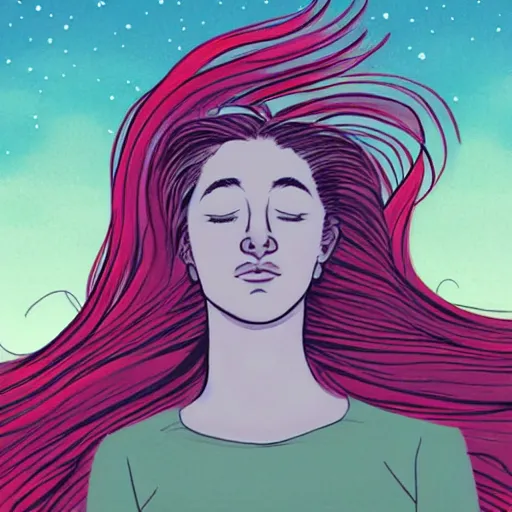 Image similar to Performance art. A beautiful illustration of a young girl with long flowing hair, looking up at the stars. She appears to be dreaming or lost in thought. by Brian K. Vaughan