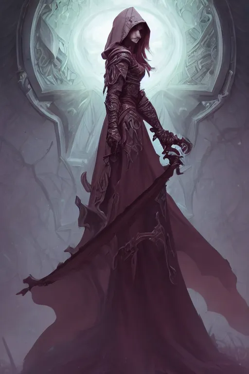 Prompt: beautiful necromancer, full body shot, hood, d & d, fantasy, intricate, elegant, highly detailed, digital painting, artstation, concept art, matte, sharp focus, illustration, hearthstone, art by artgerm and greg rutkowski and alphonse mucha, made with charcoal