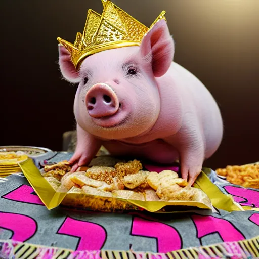 Image similar to cut obese pig wearing a gold crown as a Muppet eating out of a snack bags 8k