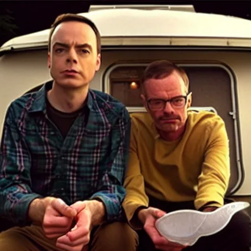 Prompt: Sheldon Cooper with Walter White in a caravan film shot