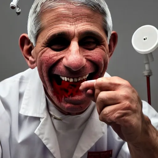Prompt: horror film stark raving mad lunatic doctor anthony fauci, covered in blood, white lab coat, red stains, laughing maniacally, holding needles and syringes in his hands