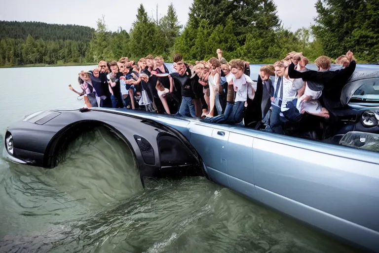 Image similar to Group of teenagers push Rolls-Royce into lake with their hands from a small slide wanting to drown him