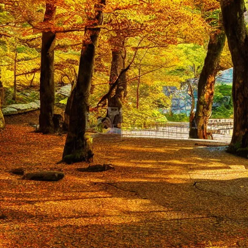 Prompt: a walk through autumn leaves in the mitarai valley and dorogawa onsen, nara, japan. volumetric lighting, autumn, late morning, sunny weather, few clouds, realistic illustration, perfectly shaded, soft painting