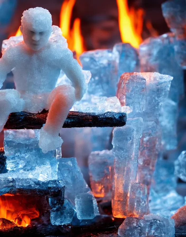 Image similar to mini version of iceman, sitting in a room filled with fire, cinematic, award-winning, 8k, hyperrealistic