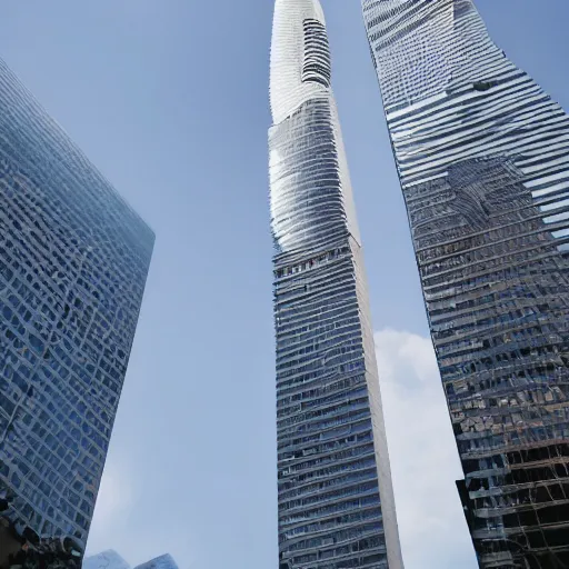 Prompt: 50 foot tall giant woman standing next to a skyscraper, white dress, view from below,