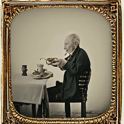 Prompt: a daguerreotypist of a old guy having a lunch