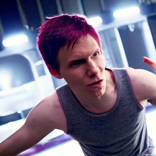 Prompt: Live Action Still of Jerma in Scott Pilgrim, real life, hyperrealistic, ultra realistic, realistic, highly detailed, epic, HD quality, 8k resolution, body and headshot, film still