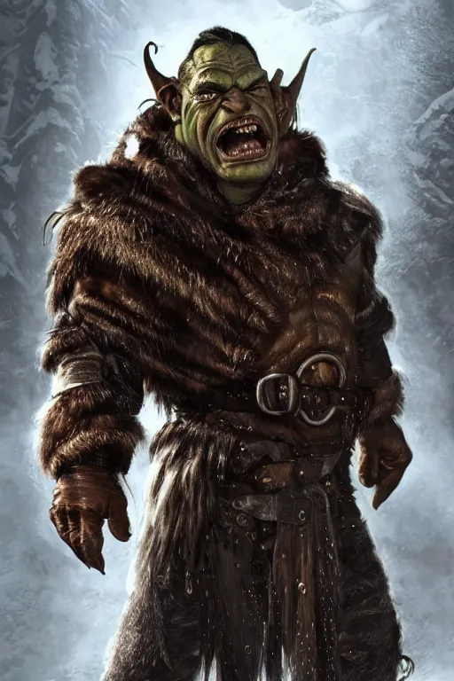 Prompt: A full body shot of a handsome orc looking into the camera wearing a leather fur jacket and boots, full body shot, detailed face, portrait, artstation, realistic, highly detailed, symmetrical, D&D, Dungeons & Dragons, hyper realistic, dynamic pose, high detail, octane render, unreal engine, 8k, fantasy art, highly detailed, concept art