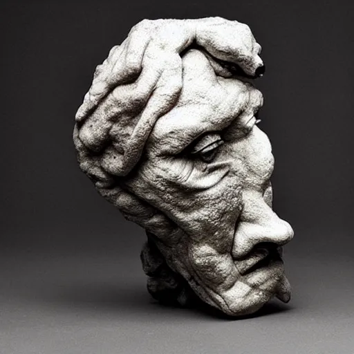 Prompt: surrealism sculpture by enrico ferrarini, a man and his soul are struggling ， face