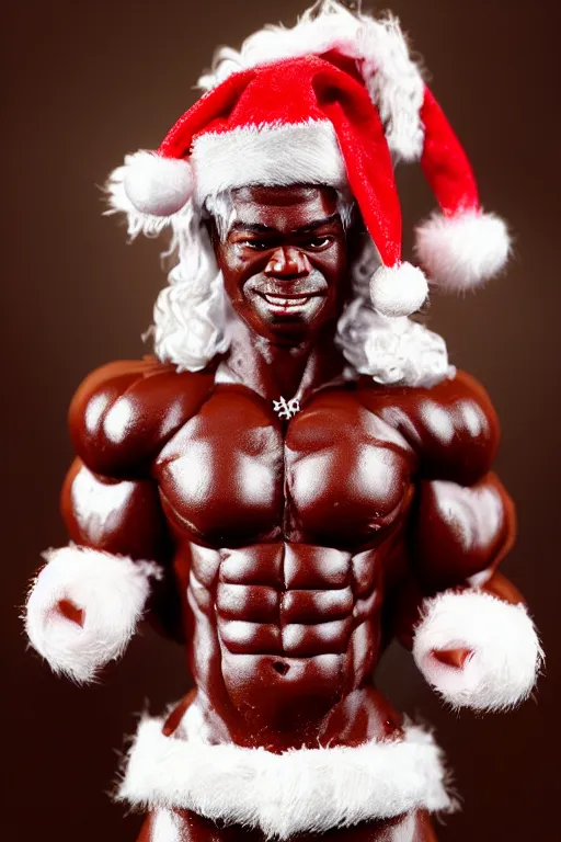 Prompt: muscular chocolate santa claus, chocolate santa claus bodybuilder, christmas sweet, photorealistic, highly detailed,