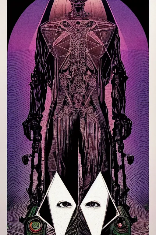 Image similar to portrait of black and psychedelic grainshading print by moebius, richard corben, wayne barlowe, cyberpunk comic cover art, psychedelic triangular skeleton, very intricate, thick outline, full body, symmetrical face, long black crown, in a shapes background, galactic dark colors