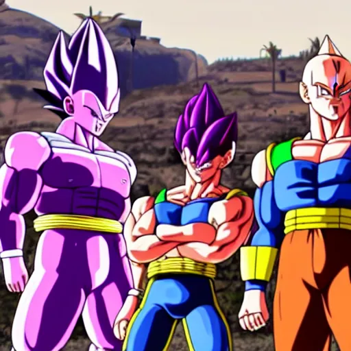 Image similar to Screenshot of Vegeta, Frieza, Cell, Majin Buu and Broly in the game GTA V, highly detailed