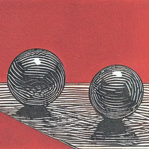 Prompt: chrome spheres on a red cube, woodcut