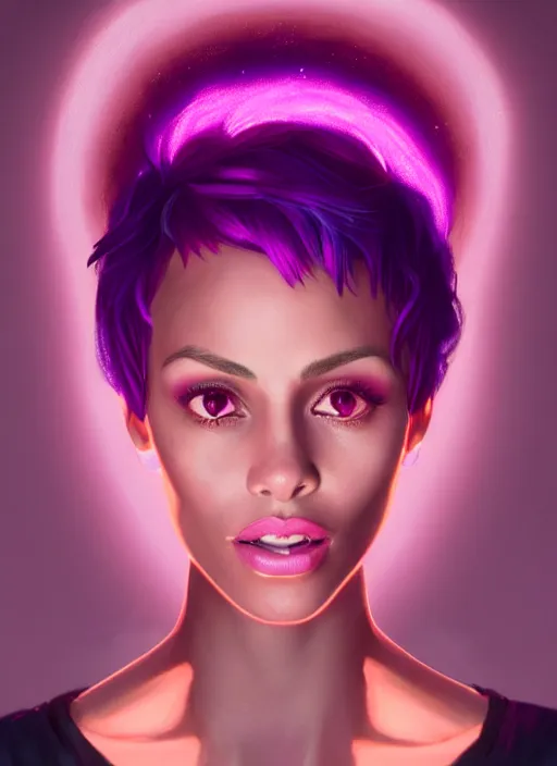 Prompt: portrait of vanessa morgan with bright pink hair, curly pixie cut hair, wearing a purple breton cap, breton cap, hoop earrings, intricate, elegant, glowing lights, highly detailed, digital painting, artstation, concept art, smooth, sharp focus, illustration, art by wlop, mars ravelo and greg rutkowski