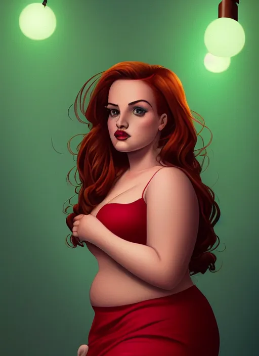 Image similar to full body portrait of teenage cheryl blossom, obese, bangs, green eyes, sultry, realistic, red hair, sultry smirk, wavy hair, pink skirt, fat, intricate, elegant, glowing lights, highly detailed, digital painting, artstation, concept art, smooth, sharp focus, illustration, art by wlop, mars ravelo and greg rutkowski