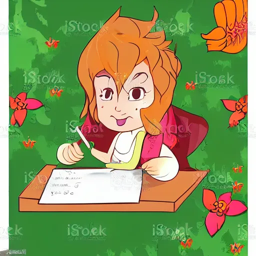 Prompt: young firehummingbird writes the letter'a'with a stream of fire onto a piece of parchment. rose field, cel shaded vector art trending on artstation childrens book