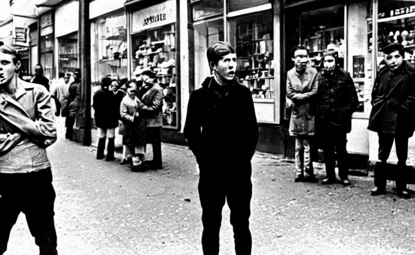 Prompt: ernst ludwig, a frightened young man in a street surrounded by people who have no eyes. people are watching crt televisions in every shop s 1 5 0