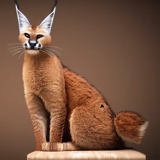 Image similar to wide-angle photo of cute caracal sitting on a wooden chair in a room, fire at background, octane render, 3d, 8k, hd, studio light