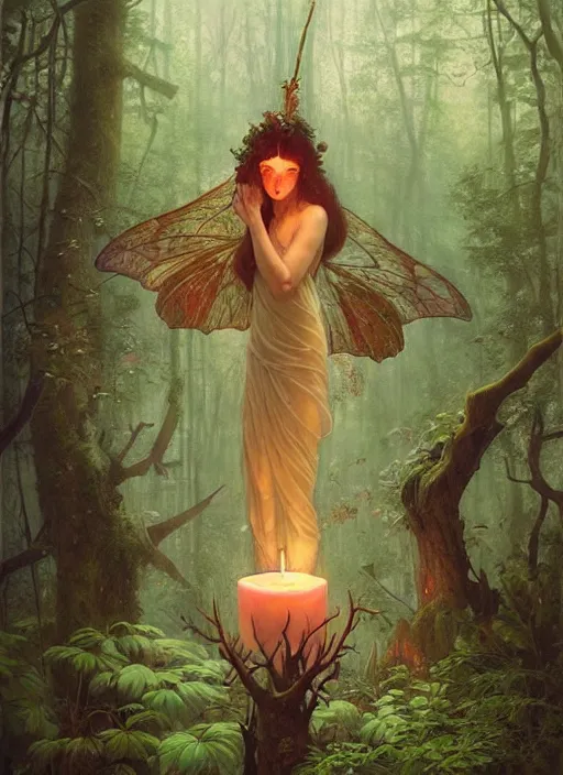 Image similar to a hyper realistic floating fairy shrine, candles, in the woods, gorgeous lighting, lush forest foliage, explosions painting by chiara bautista and tom bagshaw, mucha, beksinski and norman rockwell and greg rutkowski weta studio, and lucasfilm