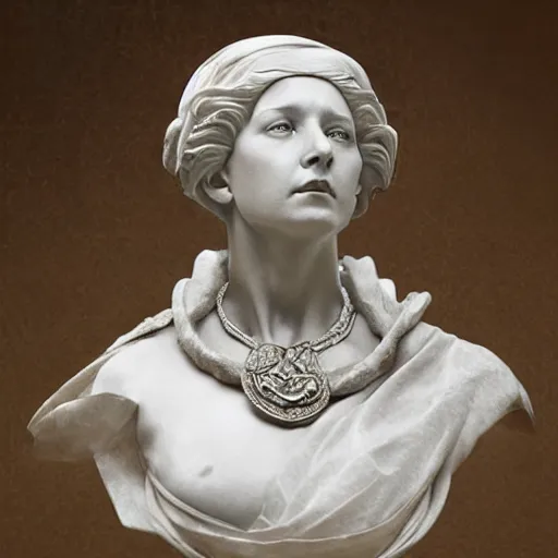 Prompt: beautiful lifelike award winning marble statue bust of dronning magrethe trending on art station artgerm greg rutkowski alphonse mucha museum quality cinematic atmospheric