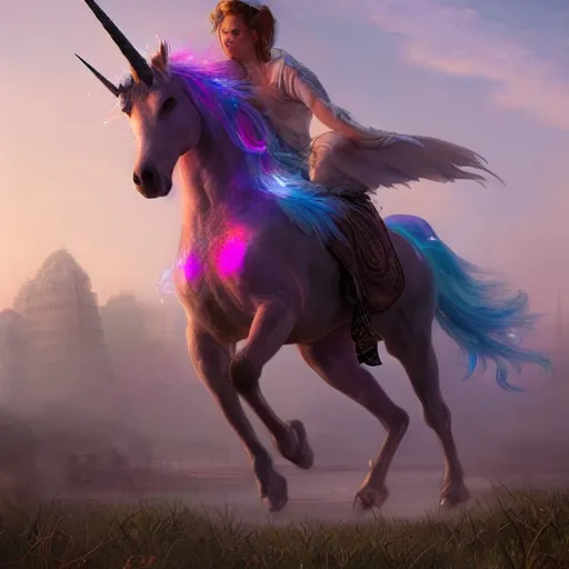 Prompt: a iridescent unicorn is injured, footsteps of blood follows behind it, toxic glowing smog in the sky, ultra realistic, concept art, intricate details, highly detailed, photorealistic, octane render, 8 k, art by artgerm and greg rutkowski and alphonse mucha