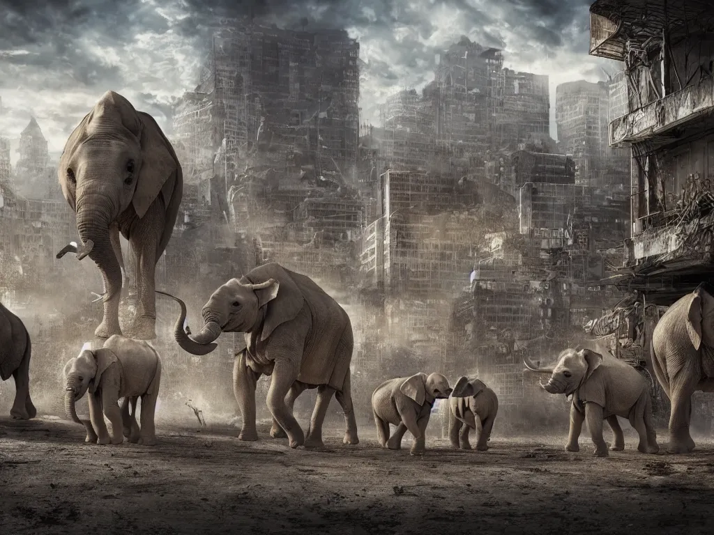 Image similar to apocalyptic city with baby elephants and baby rhino, photorealistic render