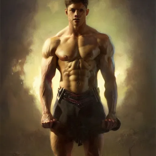 Image similar to handsome portrait of a young guy fitness posing, war hero, flexing abs, radiant light, caustics, by gaston bussiere, bayard wu, greg rutkowski, giger, maxim verehin