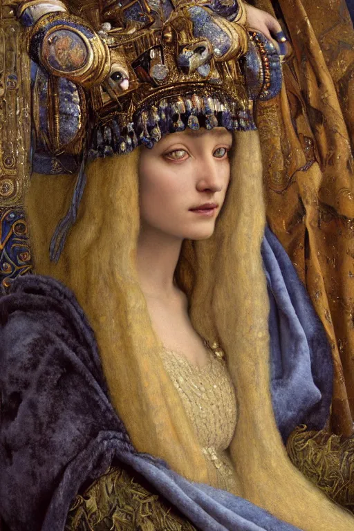 Image similar to coronation portrait of the queen of the dawn mountains, by Donato Giancola and John Bauer and John William Godward and Vermeer, embroidered velvet, iridescent beetles, rich color, ornate headdress, flowing robes, lost runes, ancient civilizations, dramatic cinematic lighting, featured on Artstation, cgisociety, unreal engine, extremely detailed