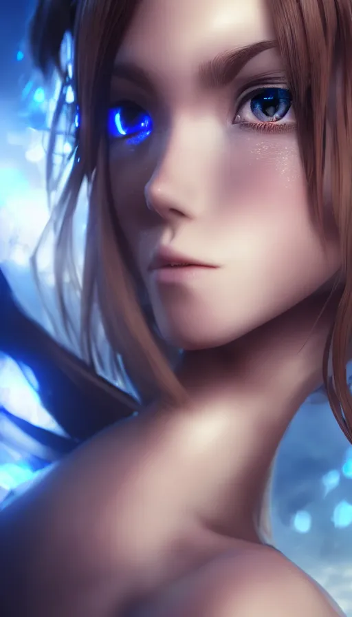 Image similar to render as a very beautiful 3d anime woman with short brown hair, blue eyes, heavy makeup, short smile, cinematic lightning, highly detailed, trending on Artstation, Unreal Engine 4k, cinematic wallpaper