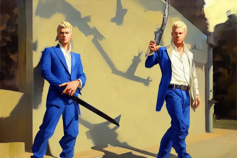 Image similar to greg manchess portrait painting of a blond man in a blue suit with a sword and a pistol, asymmetrical, profile picture, organic painting, sunny day, matte painting, bold shapes, hard edges, street art, trending on artstation, by huang guangjian, gil elvgren, ruan jia, randy vargas, greg rutkowski