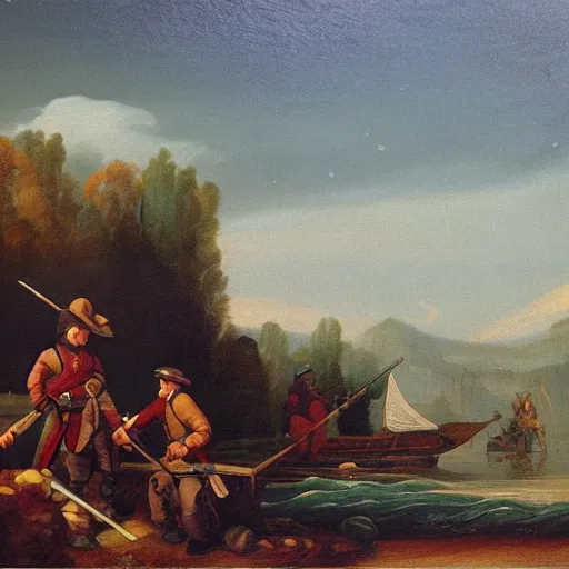 Image similar to colonial soldier crossing river boat landscape waves winter moonlight color oil painting in the style or raphael