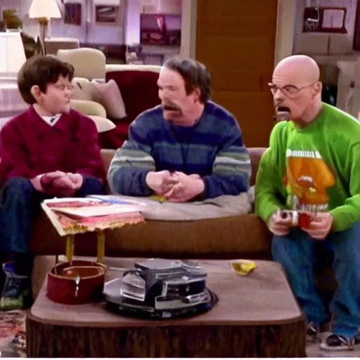 Image similar to a screenshot of Walter White in ICarly, low quality, vhs quality